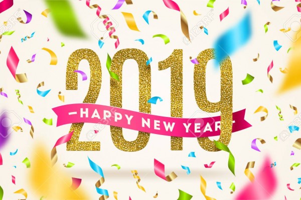 Happy New year 2019 greeting vector illustration. Year numbers with pink ribbon and multicolored confetti on a white background.
